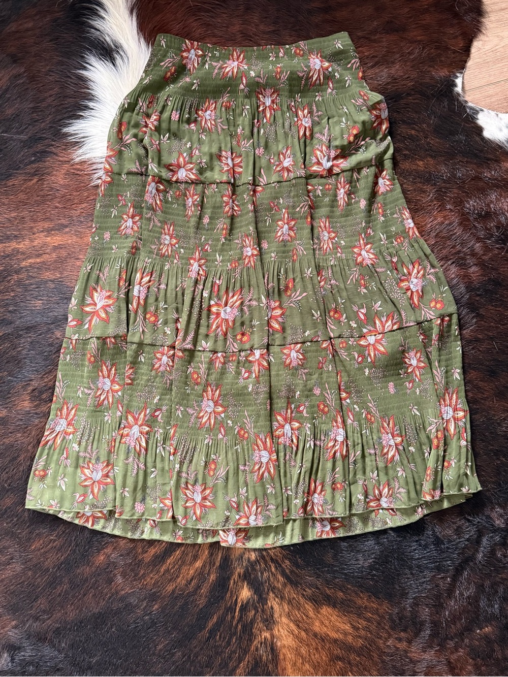 Olive Floral Tiered Midi Skirt